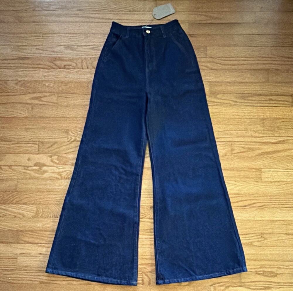 MESHKI Women's High Rise Wide-Leg Denim Jeans Dark Wash Blue Pockets Size 8